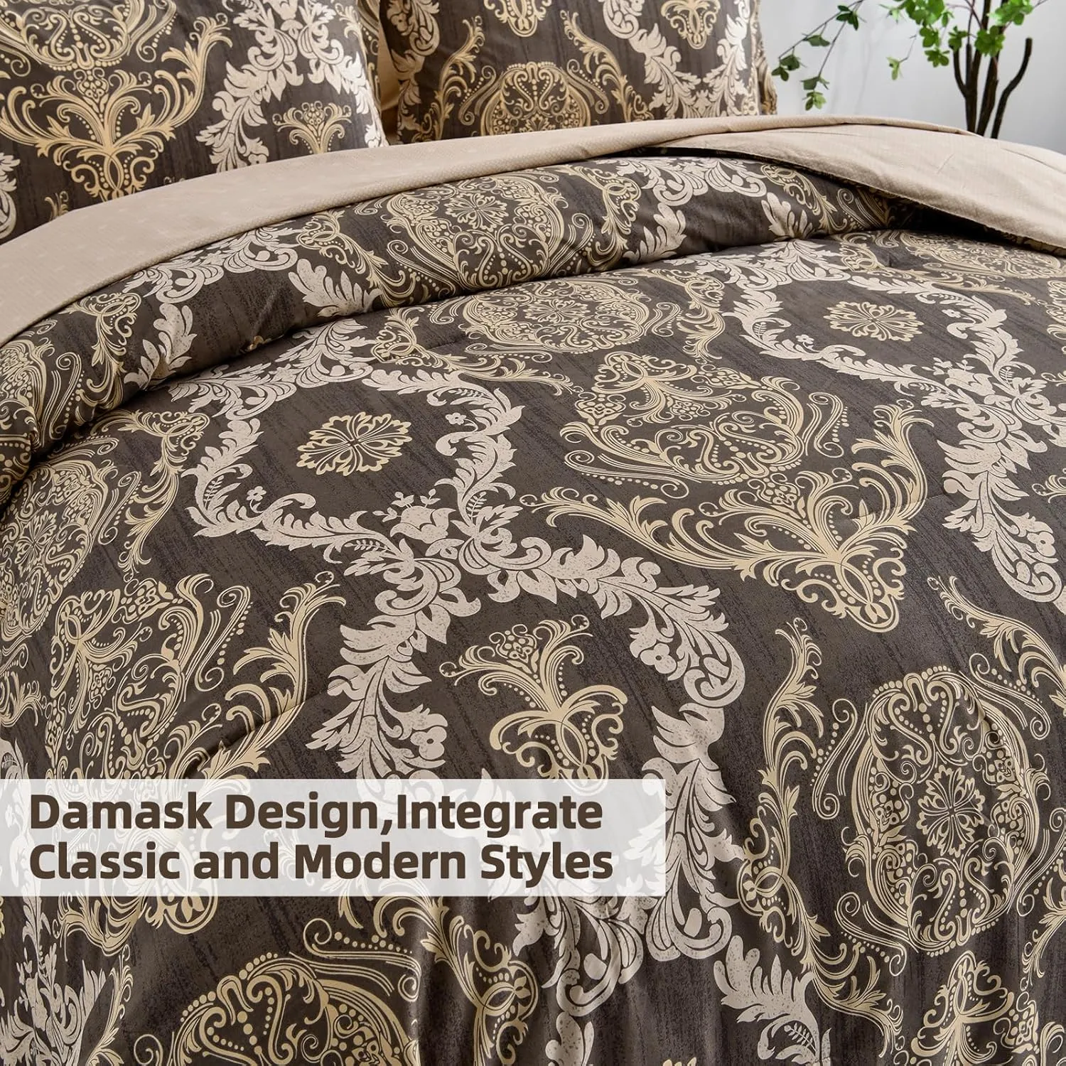 WONGS BEDDING Light Brown Comforter Set King, Damask Texture Design 7 Pieces Bed in a Bag Microfiber Comforter Bedding Set -1 Comforter, 1 Flat Sheet, 1 Fitted Sheet, 2 Pillow Shams,2 Pillowcases