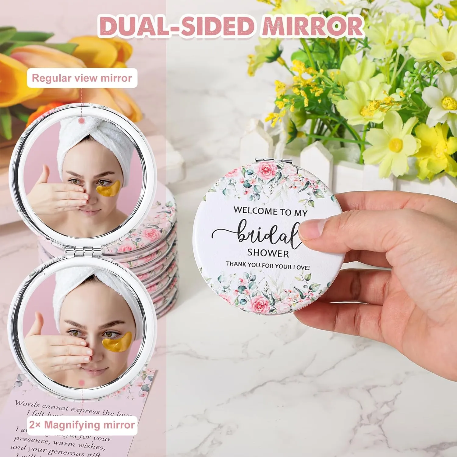 XunYee 50 Sets Bridal Shower Favors for Guests Flower Design Makeup Mirrors Leather Compact Mirrors Bridal Thank You Cards with Organza Bags Bridesmaid Gifts Wedding Party Favors Supplies