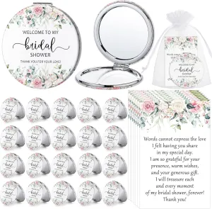 XunYee 50 Sets Bridal Shower Favors for Guests Flower Design Makeup Mirrors Leather Compact Mirrors Bridal Thank You Cards with Organza Bags Bridesmaid Gifts Wedding Party Favors Supplies