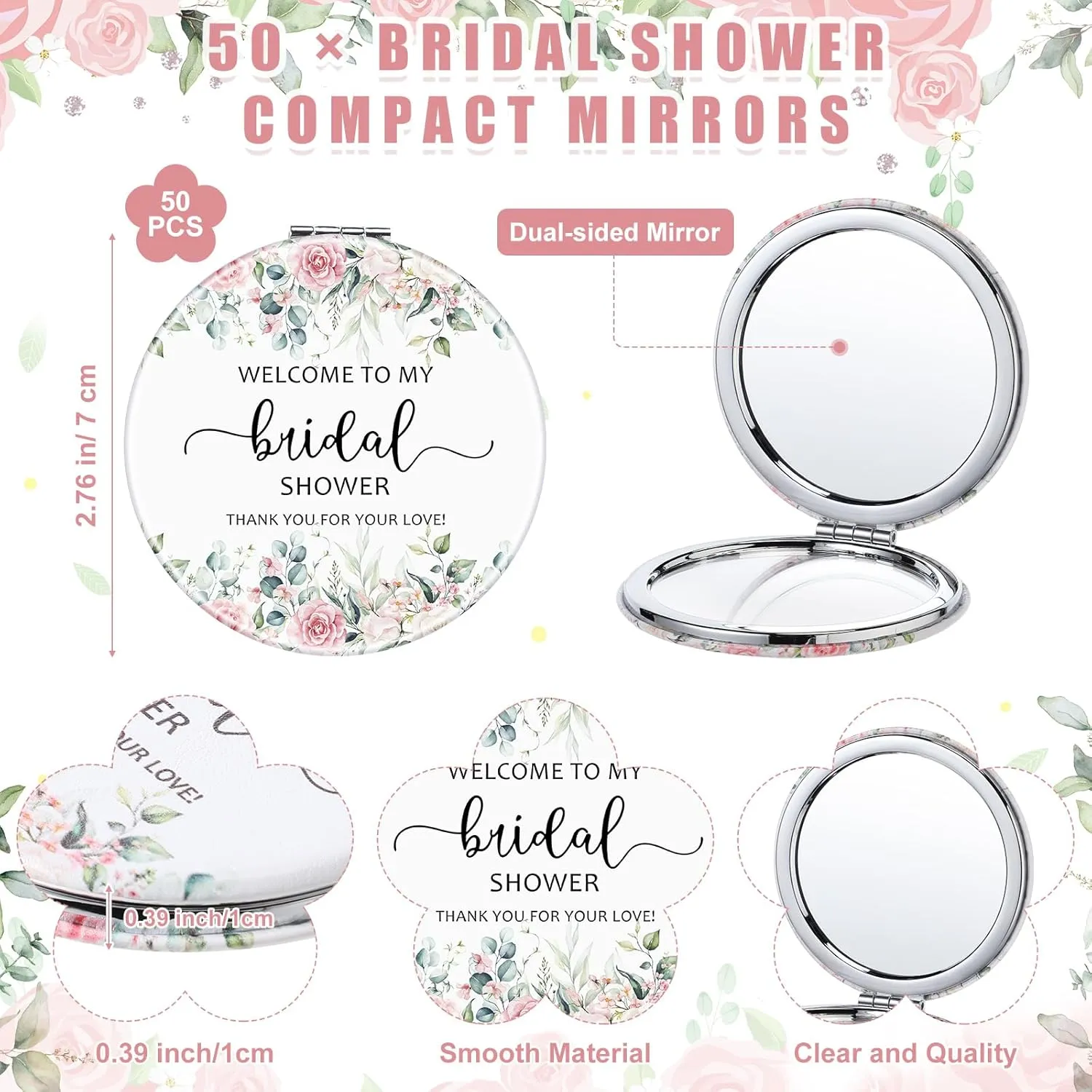 XunYee 50 Sets Bridal Shower Favors for Guests Flower Design Makeup Mirrors Leather Compact Mirrors Bridal Thank You Cards with Organza Bags Bridesmaid Gifts Wedding Party Favors Supplies