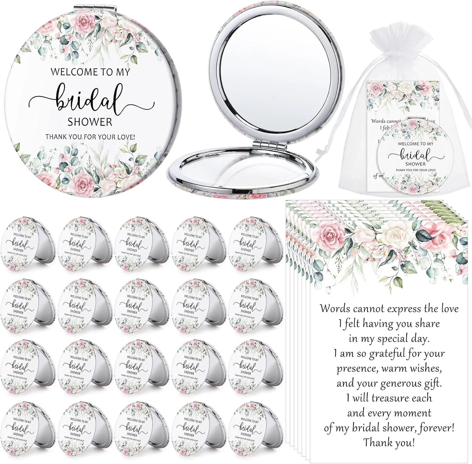 XunYee 50 Sets Bridal Shower Favors for Guests Flower Design Makeup Mirrors Leather Compact Mirrors Bridal Thank You Cards with Organza Bags Bridesmaid Gifts Wedding Party Favors Supplies