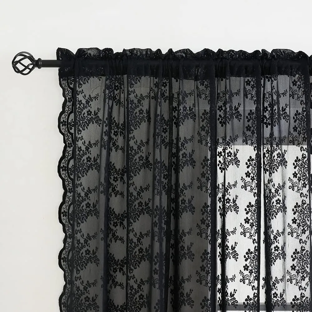 YJ YANJUN Black Sheer Curtains - 84 Inch Long Old Fashion Goth Curtains for Living Room Victorian Black Lace Window Curtains with Rod Pocket