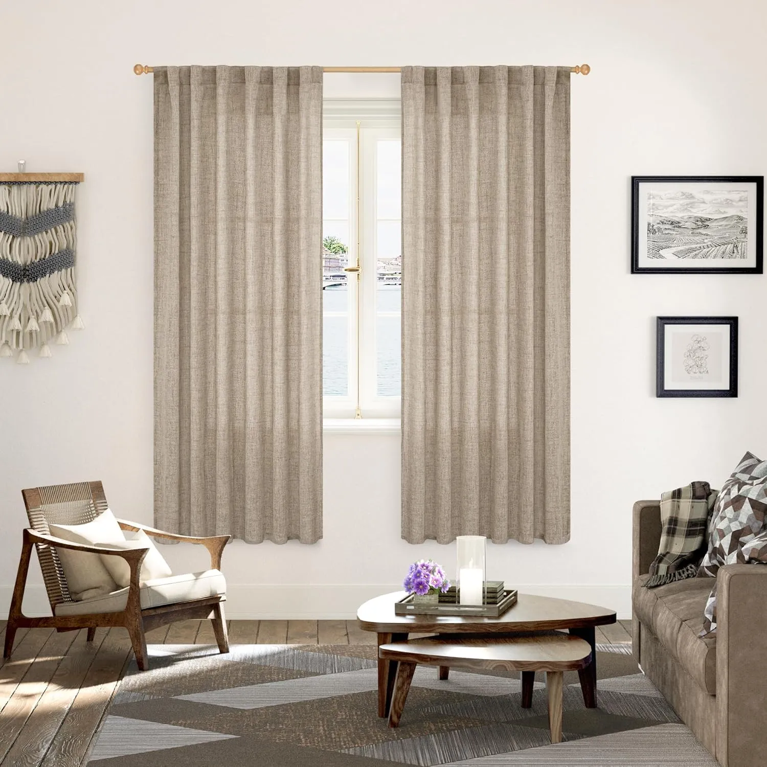 YoungsTex Dark Oatmeal Curtains 72 Inch Length 2 Panels for Living Room - Linen Semi Sheer Drapes Light Filtering with Rod Pocket for Dining Room Bedroom Country Back Tab,52 X 72 Inch