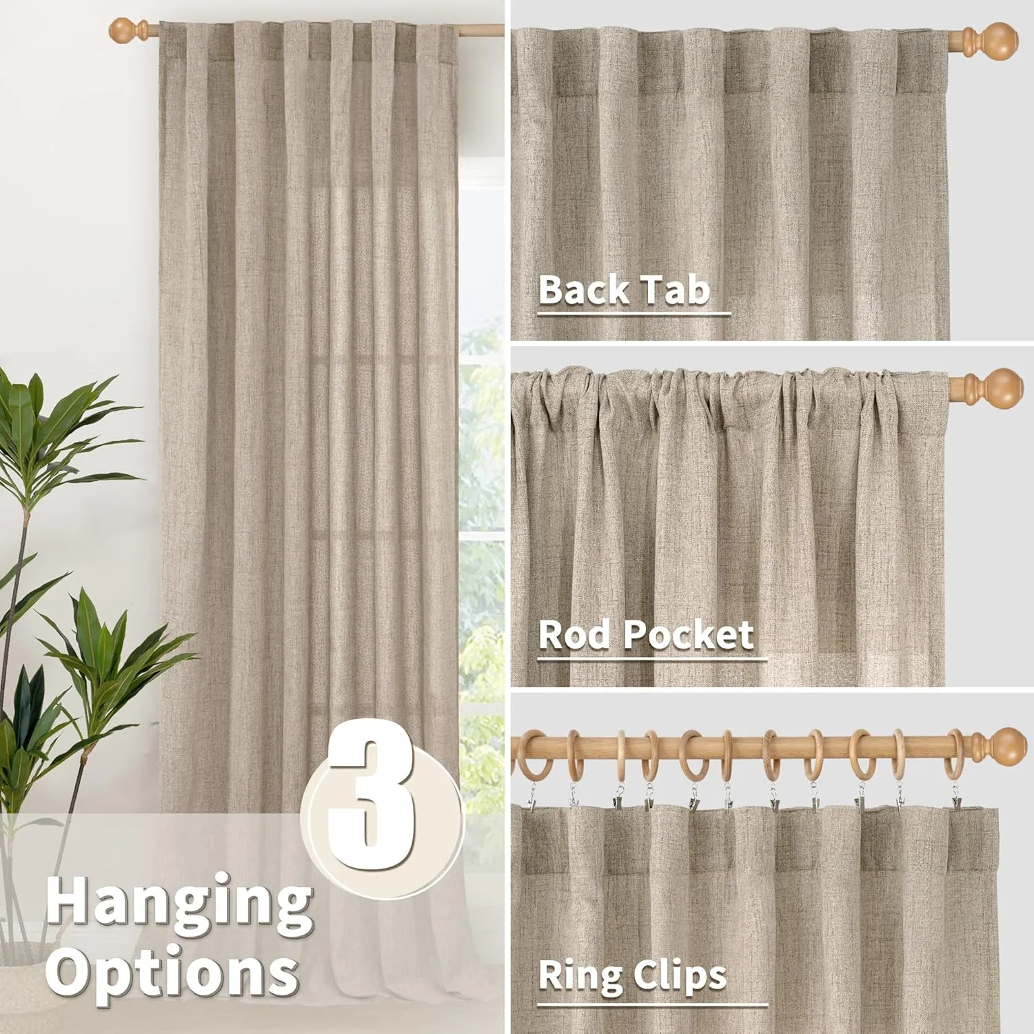 YoungsTex Dark Oatmeal Curtains 72 Inch Length 2 Panels for Living Room - Linen Semi Sheer Drapes Light Filtering with Rod Pocket for Dining Room Bedroom Country Back Tab,52 X 72 Inch