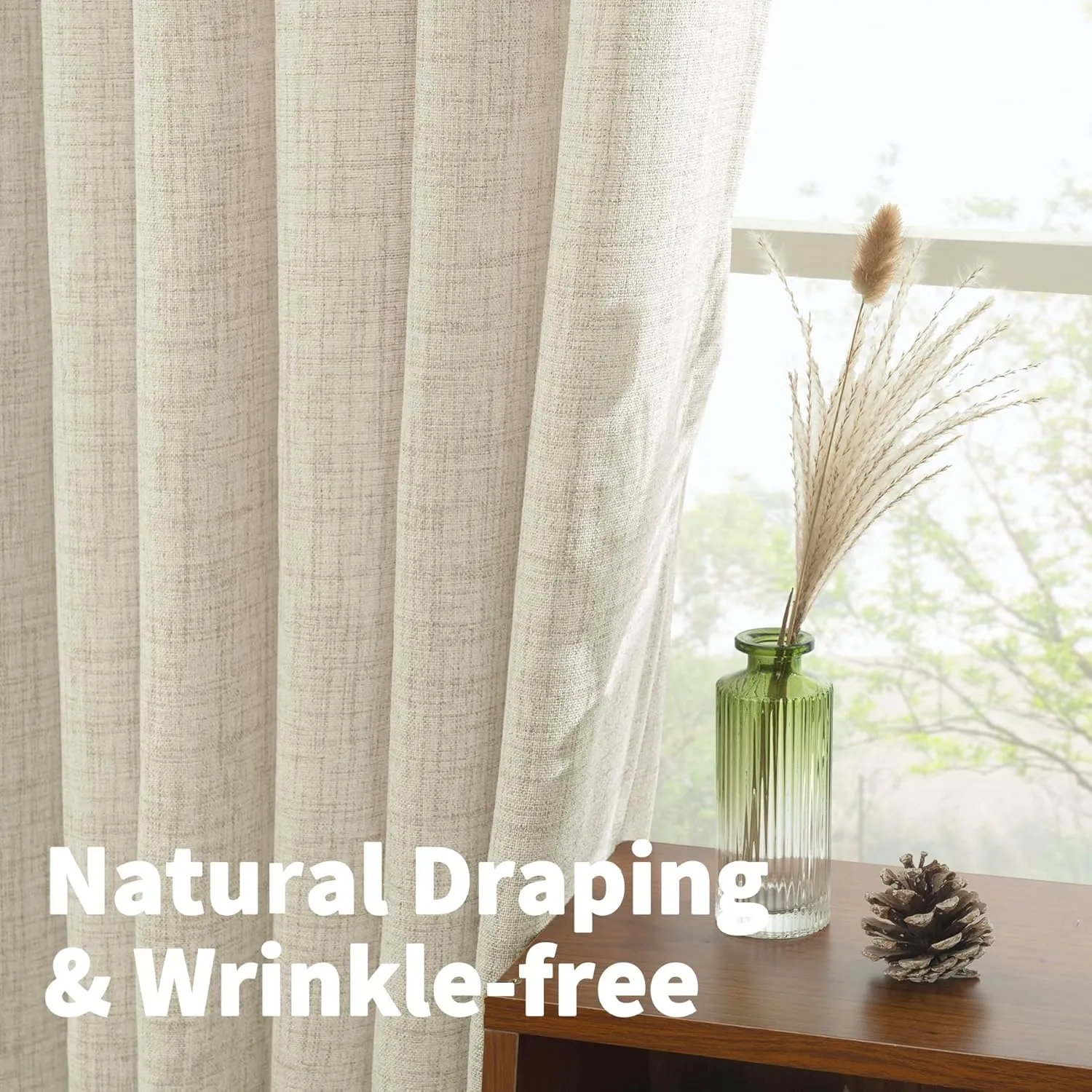 YoungsTex Linen Curtains 63 Inch Length for Living Room - Boho Cream Semi Sheer Drapes Textured with Bronze Grommet Light Filtering Window Treatments for Bedroom Country Rustic, 52 x 63 Inch, 2 Panels