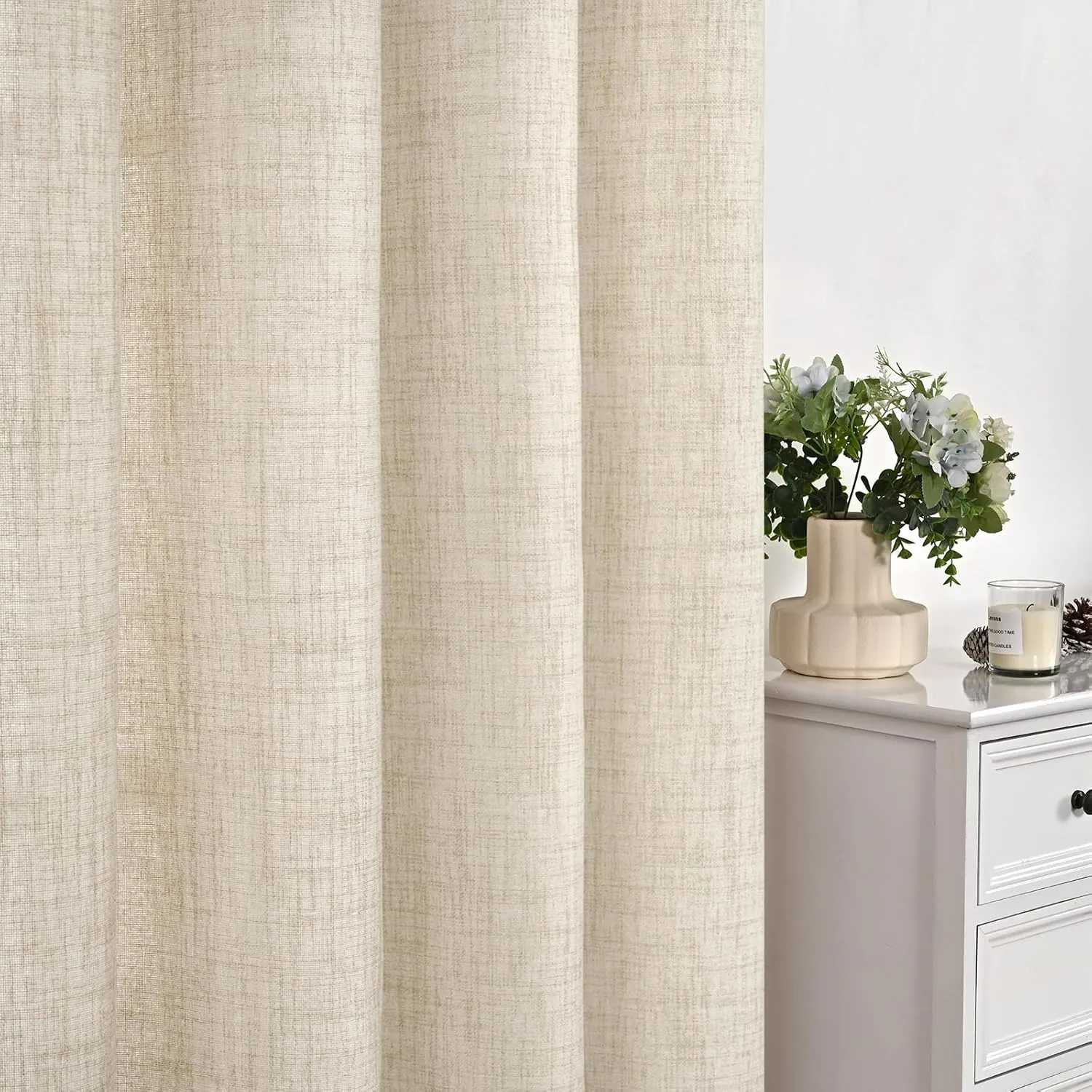 YoungsTex Linen Curtains 63 Inch Length for Living Room - Boho Cream Semi Sheer Drapes Textured with Bronze Grommet Light Filtering Window Treatments for Bedroom Country Rustic, 52 x 63 Inch, 2 Panels