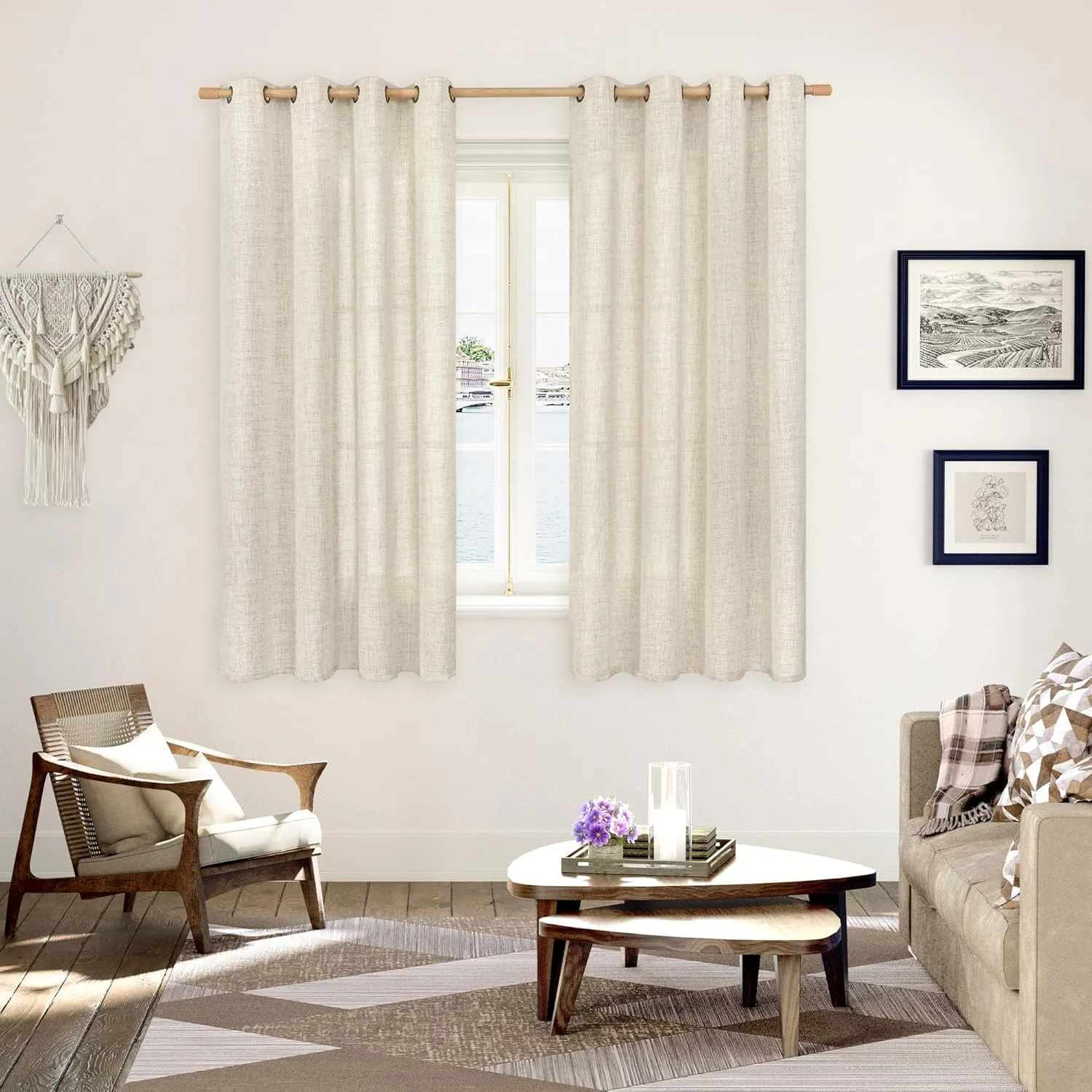 YoungsTex Linen Curtains 63 Inch Length for Living Room - Boho Cream Semi Sheer Drapes Textured with Bronze Grommet Light Filtering Window Treatments for Bedroom Country Rustic, 52 x 63 Inch, 2 Panels