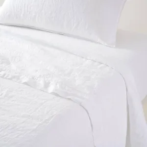Yves Delorme Originel Blanc Full/Queen 94 x 116 in Flat Sheet | 100% Stone Washed Linen | Luxury Bedding from France