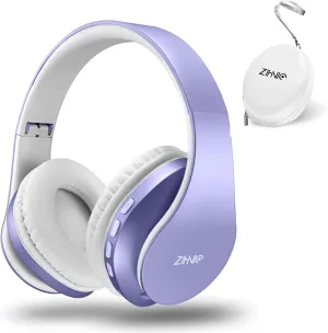 ZIHNIC Bluetooth Headphones Over-Ear, Foldable Wireless and Wired Stereo Headset Micro SD/TF, FM for Cell Phone,PC,Soft Earmuffs &Light Weight for Prolonged Wearing (Purple)
