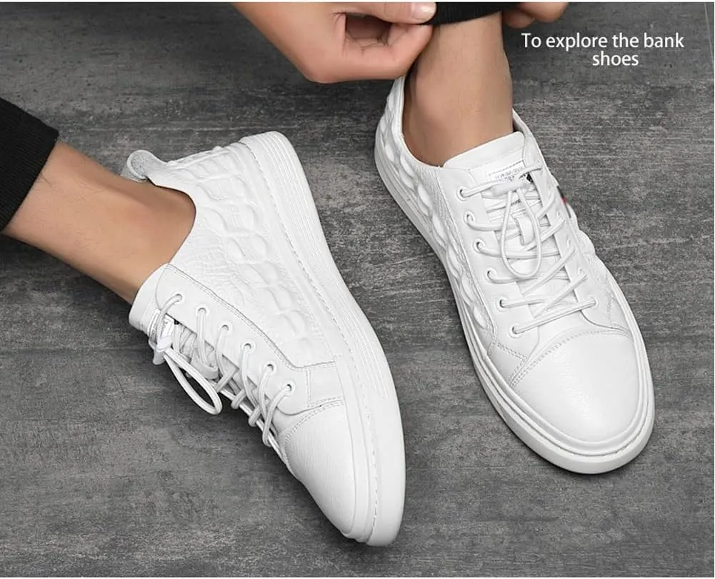 ZOOGEM Men's Crocodile Print Leather Casual Shoes Cowhide Crocodile Print Leather Shoes Non-Slip Casual Fashion Sneakers (White-d,7.5)